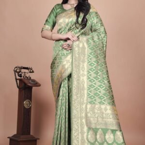 Emerald Green Banarasi Silk Saree with Silver Zari | Geometric & Floral Design | Wedding, Festive & Traditional Wear