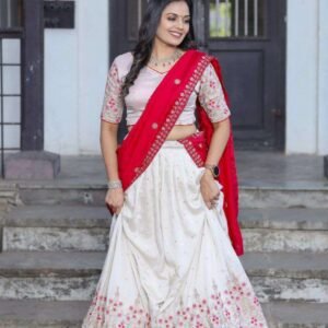 White Vichitra Silk Lehenga Choli with Red Blouse | Sequins & Thread Embroidery | Bridesmaid & Wedding Wear
