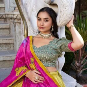 Grey Tussar Silk Lehenga Choli with Pink Blouse | Kalamkari & Foil Work | Wedding & Festive Wear