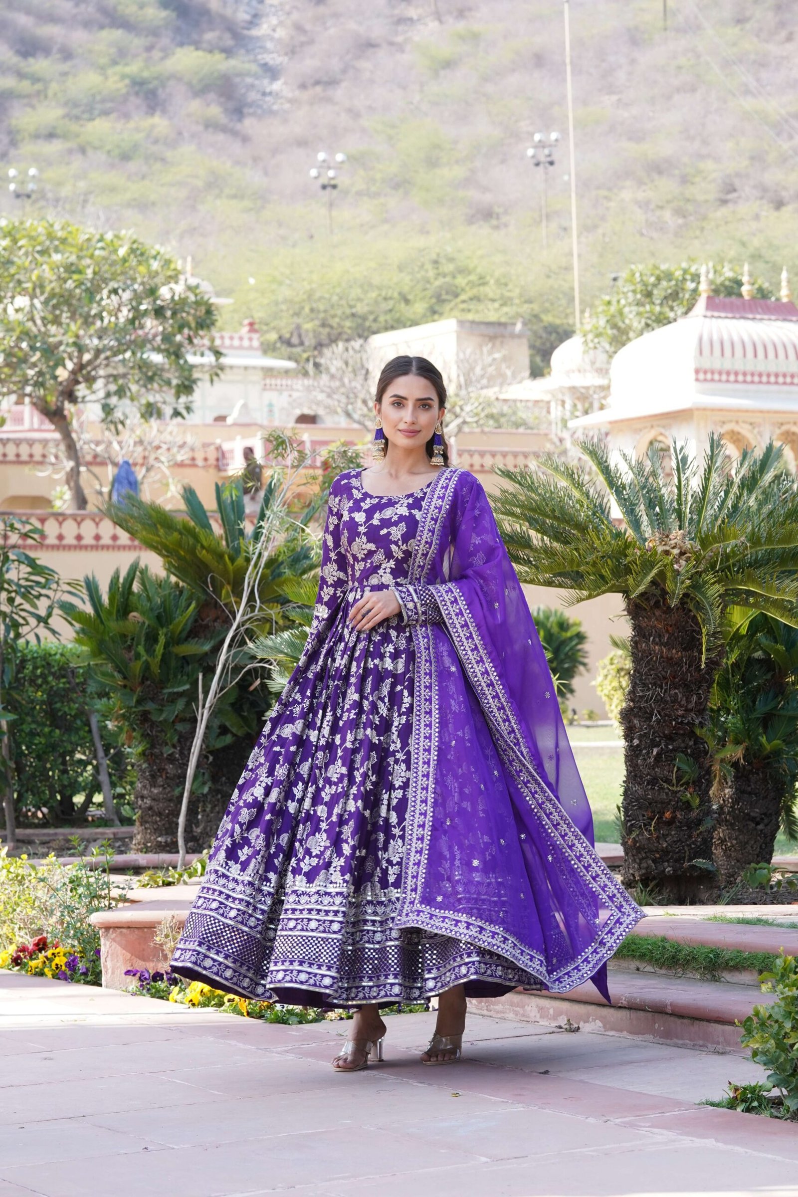 Purple Viscose Dyable Jacquard Gown with Russian Silk Sequined Dupatta ? Elegant Party & Wedding Set - Image 6