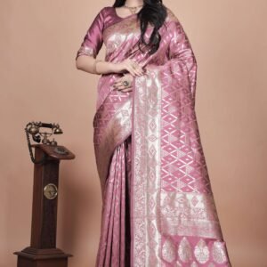 Mauve Banarasi Silk Saree with Silver Geometric & Floral Zari | Wedding & Festive Wear | Elegant Designer Saree