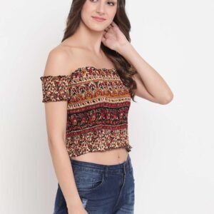 Women's Rayon Printed Off-Shoulder Smocked Crop Top Short Sleeve Casual Styles Tank Top (FREE SIZE) Multi7